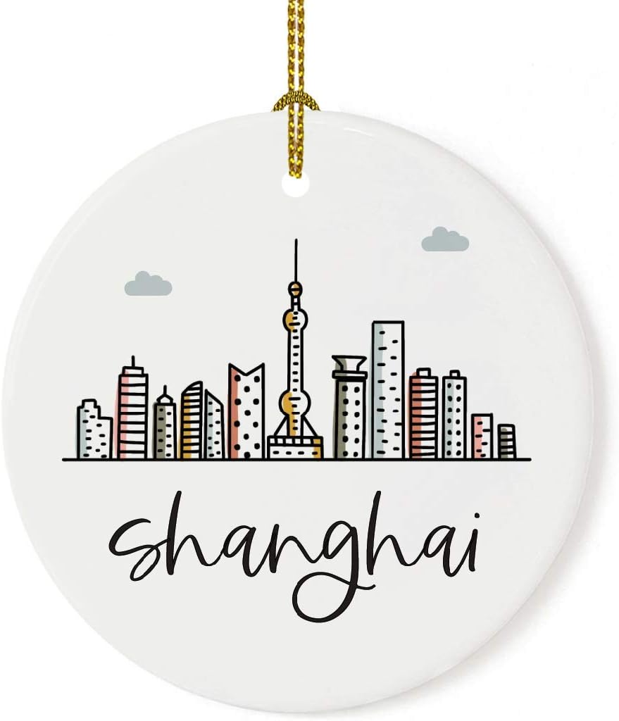 Andaz Press Round Ceramic Porcelain Christmas Tree Ornament Keepsake Gift, Shanghai, Colorful International City Skyline Graphic, 1-Pack, Birthday Ideas Family Coworker Him Her, Gift Box