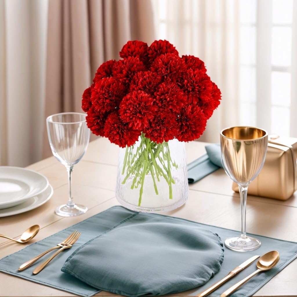 Kimura's Cabin 20pcs Fake Mums Flowers Artificial Silk Chrysanthemum Hydrangeas Ball for Wedding Arrangements Home Kitchen Party Table Centerpieces DIY Bouquets (Red)