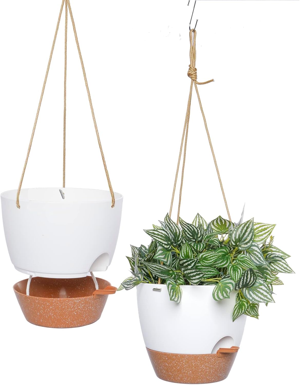 10 Inch Self Watering Hanging Pots, 2 Pack Hanging Planters with 40oZ Deep Reservior for Indoor Outdoor Plants Flowers, White with Brown