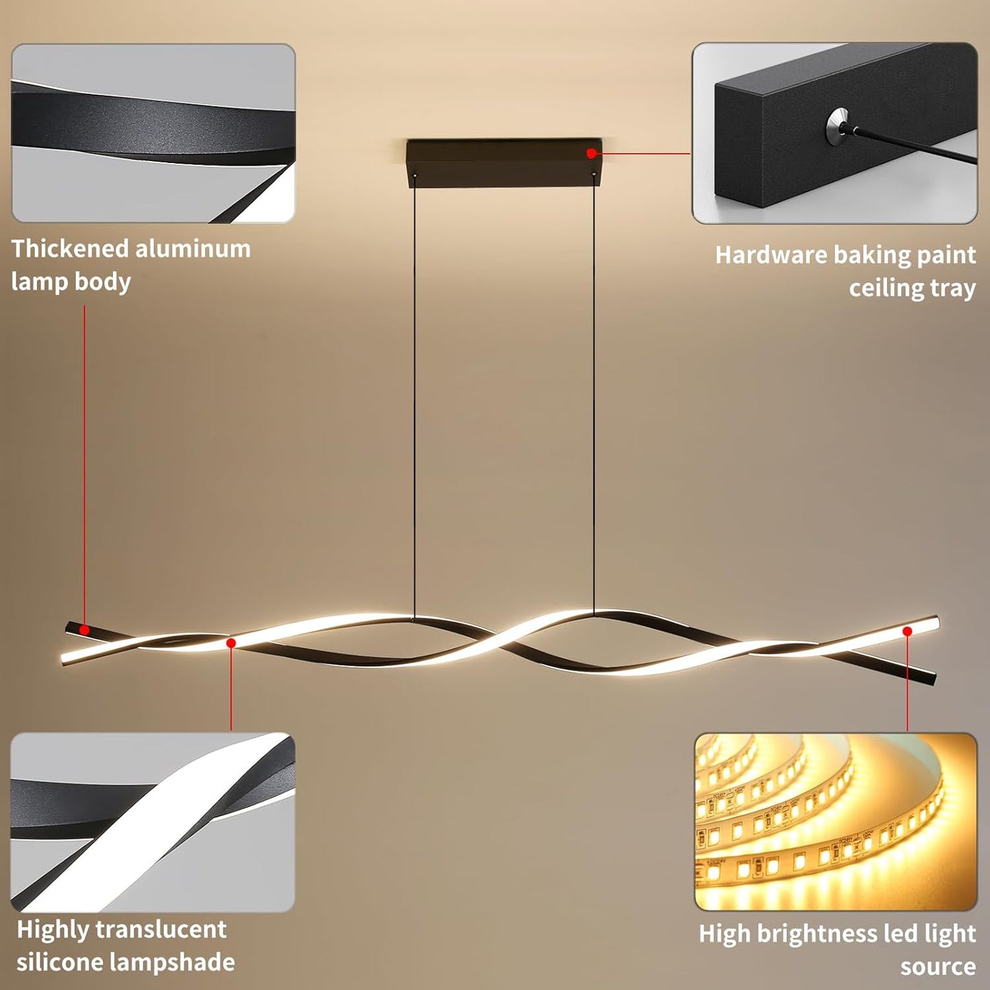 Modern Ceiling Chandelier Light, Acrylic Anti Flicker Pendant Lamp with Remote Control Dimmable 3 Color Mode & Brightness (Warm Cool Neutral Light) for Kitchen Bar Walnut 57in