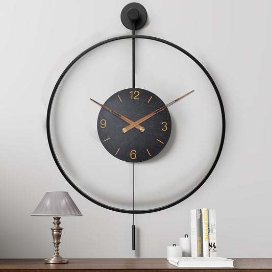 Large Modern Wall Clock,30.7× 20 Inch Big Metal Minimalist Arabic Numeral Dial,Decorative Farmhouse Pendulum Wall Clocks with Walnut Pointers forLiving Room Decor, Office,Dining Room