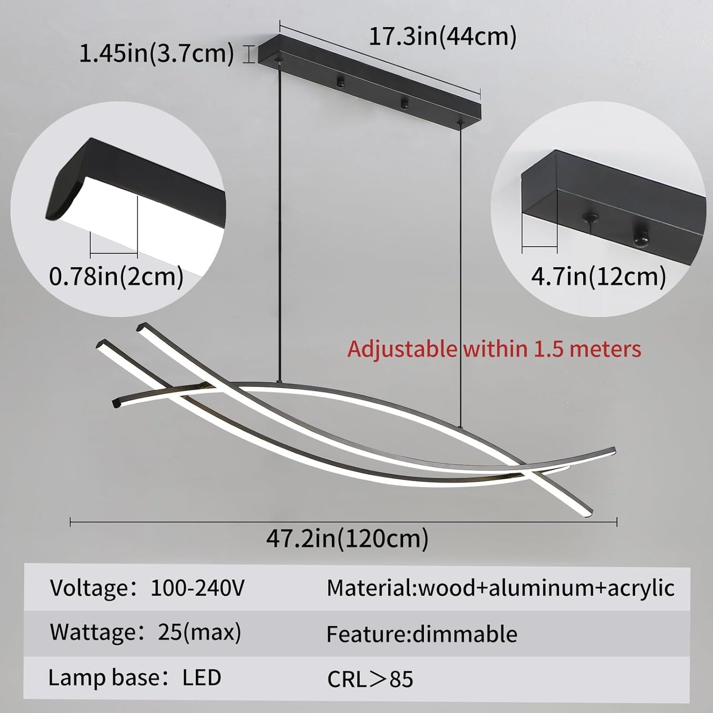 Modern Chandelier, Linear Pendant Light LED Dimmable Hanging Light Fixture, 3000K-6500K with Remote Control (Black, 47IN)