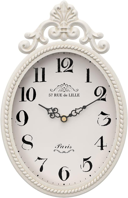 Abdurey Small French Retro Decorative Wall Clock, Ivory White Vintage Oval Style,Silent Battery Operated Boho Decor Wall Clocks for Farmhouse,Kitchen,Bedroom,Bathroom(10.4" H x 6.7" W)