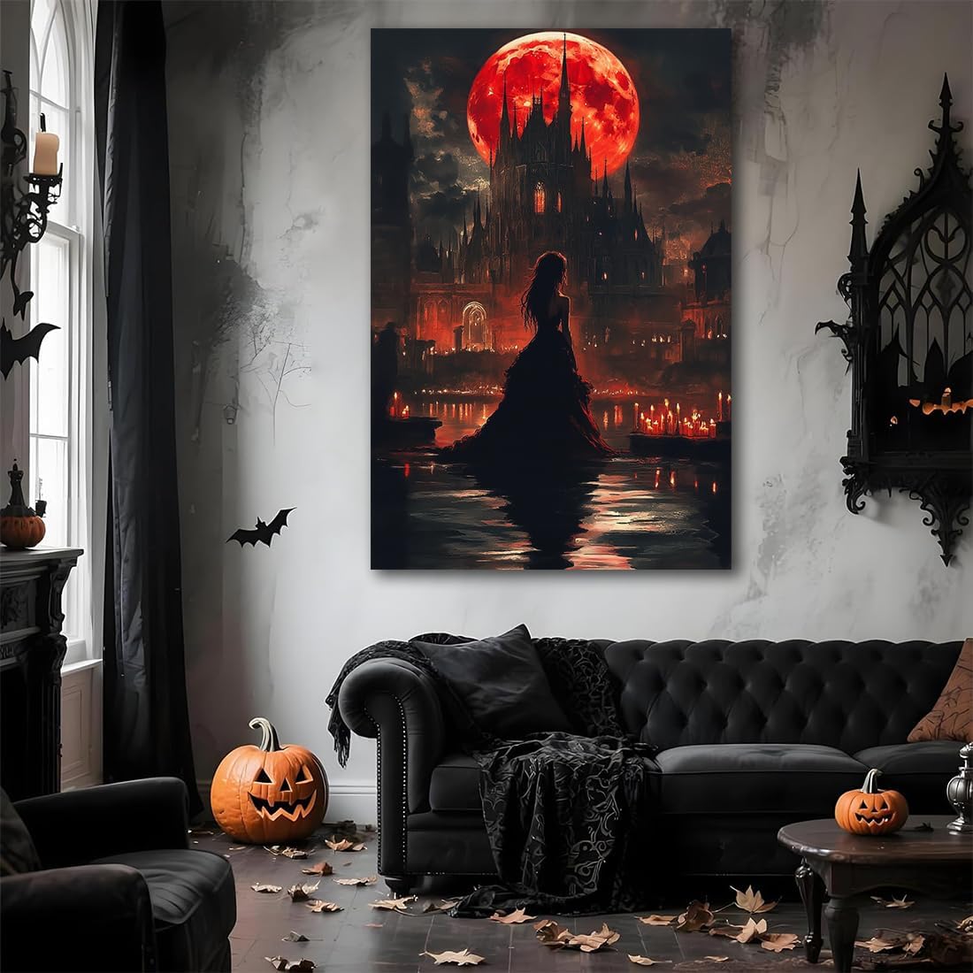 Halloween Witch Poster Canvas Prints Art Vintage Decor,Red Castle Blood Moon and Witch Scene Gothic Painting,Rustic Dark Academia Wall Art for Bathroom Spooky Living Room Wall Decor,20"x30" Framed