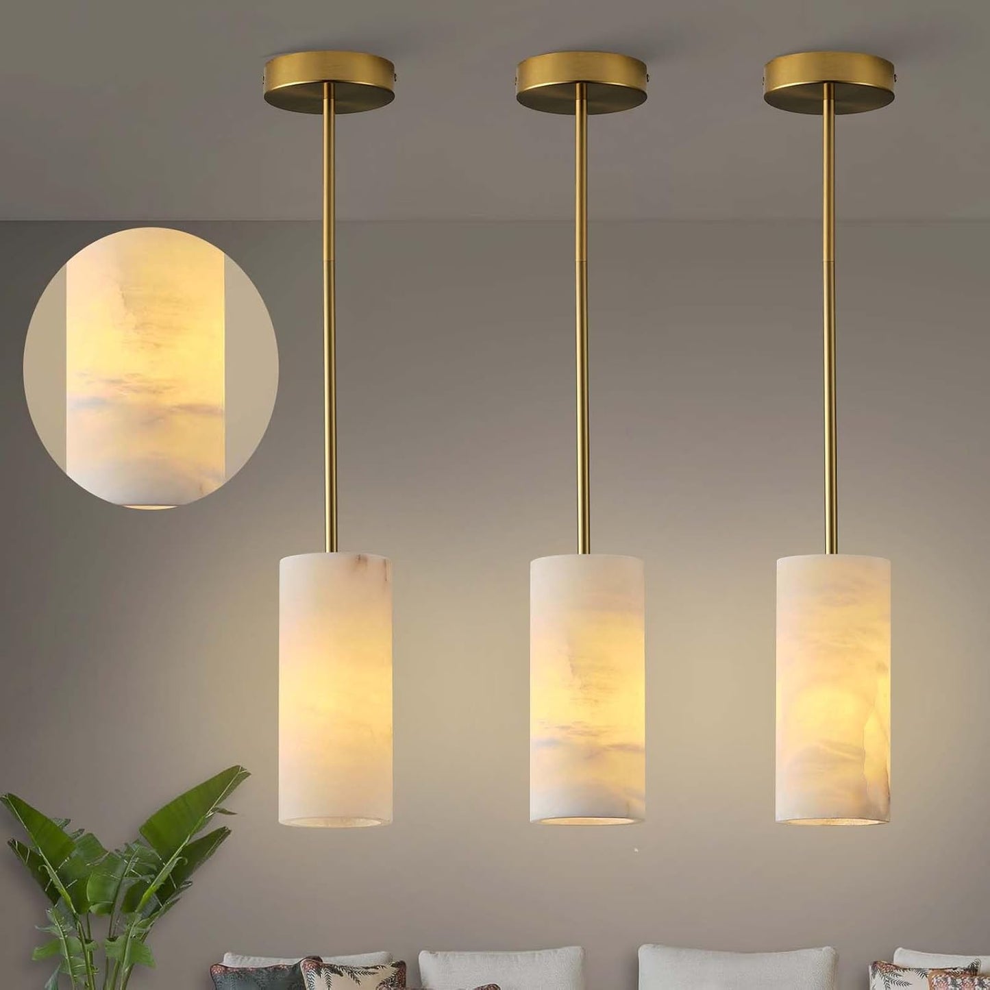 Alabaster Pendant Light Kitchen Island, H-9.5in Brass Pendant Light Fixtures with Natural Marble Shade, Adjustable Ceiling Pendant for Dining Room, Living Room, Bedroom & Bathroom