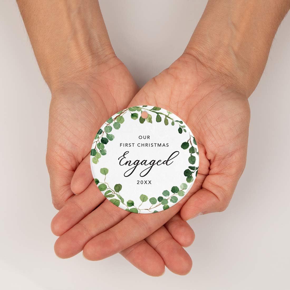 Andaz Press Custom Year Round Ceramic Porcelain Christmas Tree Ornament Keepsake Collectible Gift, Our First Christmas Engaged 2025, Farmhouse Eucalyptus Wreath, 1-PackCouple