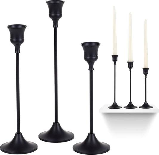 Black Candlestick Holders | Set of 3 | Metal with Matte Finish | 3 Different Sizes | Taper Candles Included | Decorative Centerpiece for Wedding, Christmas, Fireplace Mantel, Dining Table