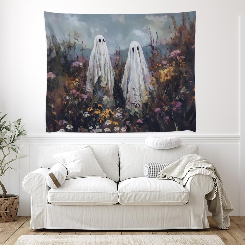 Halloween Ghosts in Wildflowers Tapestry Wall Hanging Spooky Cute Ghost Floral Tapestries Victoria Moody Artwork Aesthetic Print for Goth Living Room Bedroom wall Decor 60x80inch