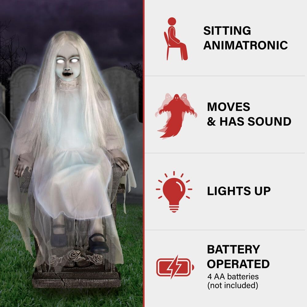 Haunted Hill Farm Motion-Activated Sitting Tombstone Girl by Tekky, Talking Animatronic for Indoor or Covered Outdoor Creepy Halloween Decorations, Plug-In or Battery Operated Prop