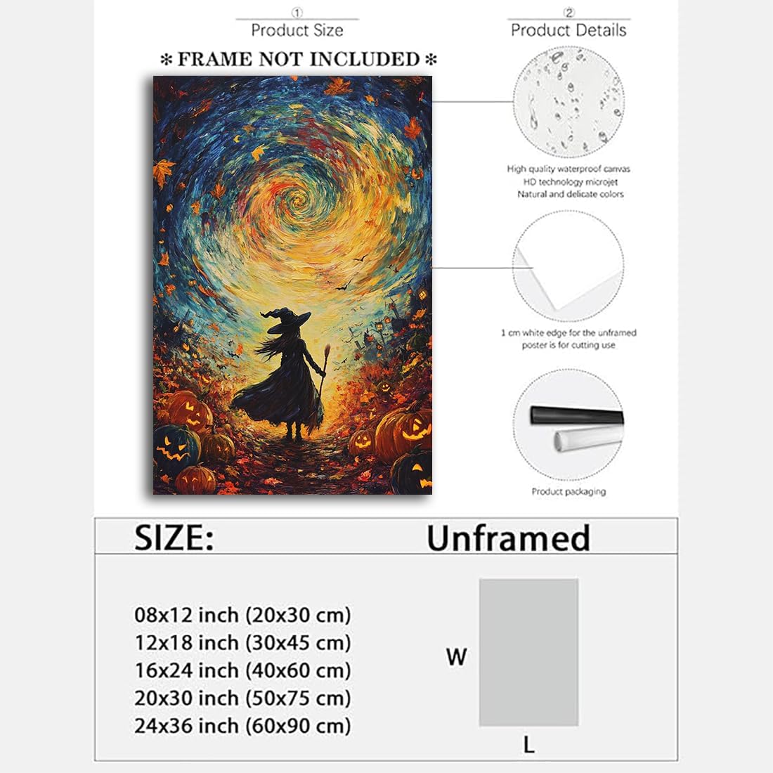 Halloween Autumn Witchy Decor Wall Art Prints,Gothic Witch in Whirlwind Autumn with Pumpkins Scene Pictures Poster,Fall Festival Home Decor Painting Canvas Poster for Bedroom Bathroom,16"x24" Unframed