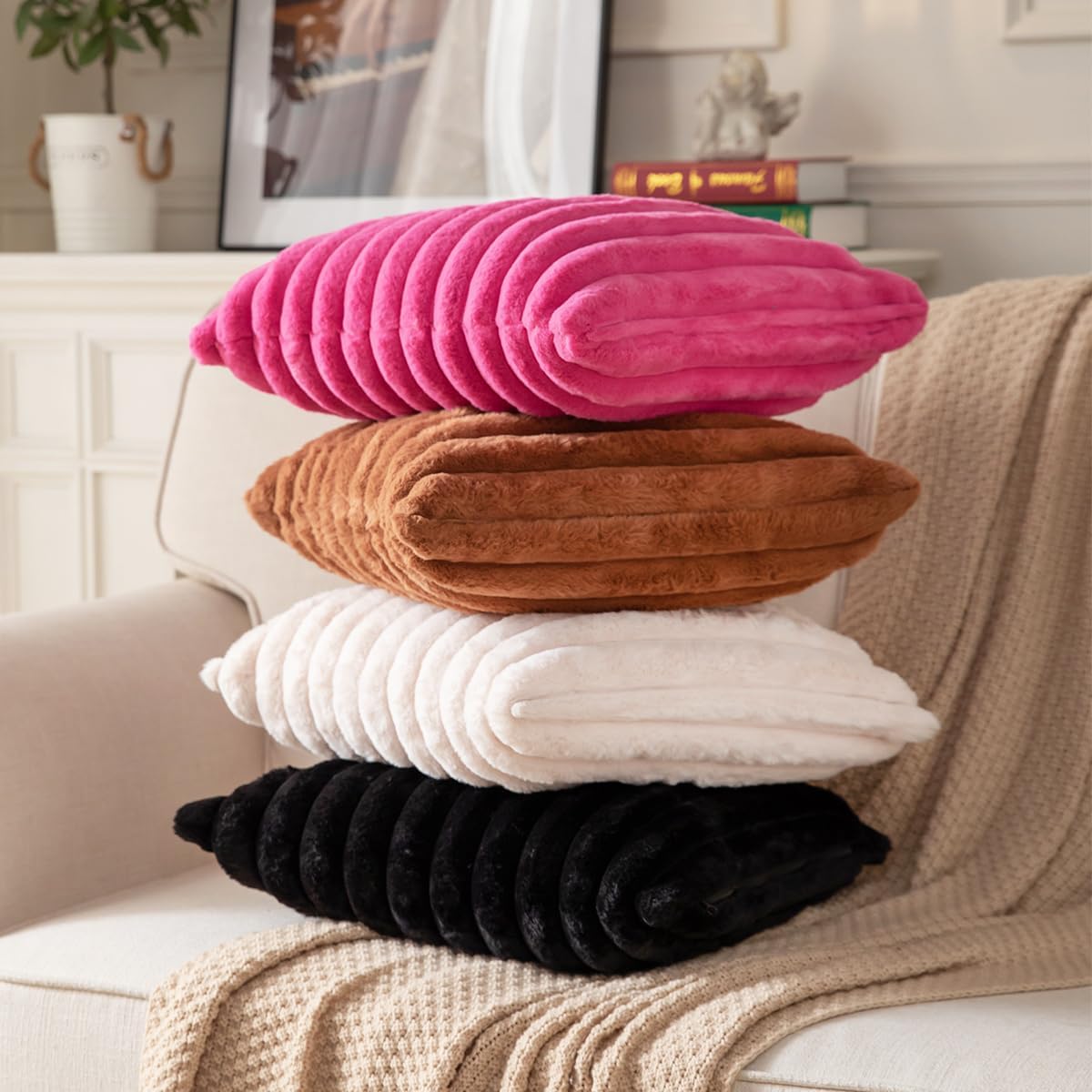 DEELAND Pack of 2,Double-Sided Faux Fur Plush Decorative Throw Pillow Covers Fuzzy Striped Soft Pillowcase Cushion Covers for Sofa Couch Bedroom Black 12x20 inch