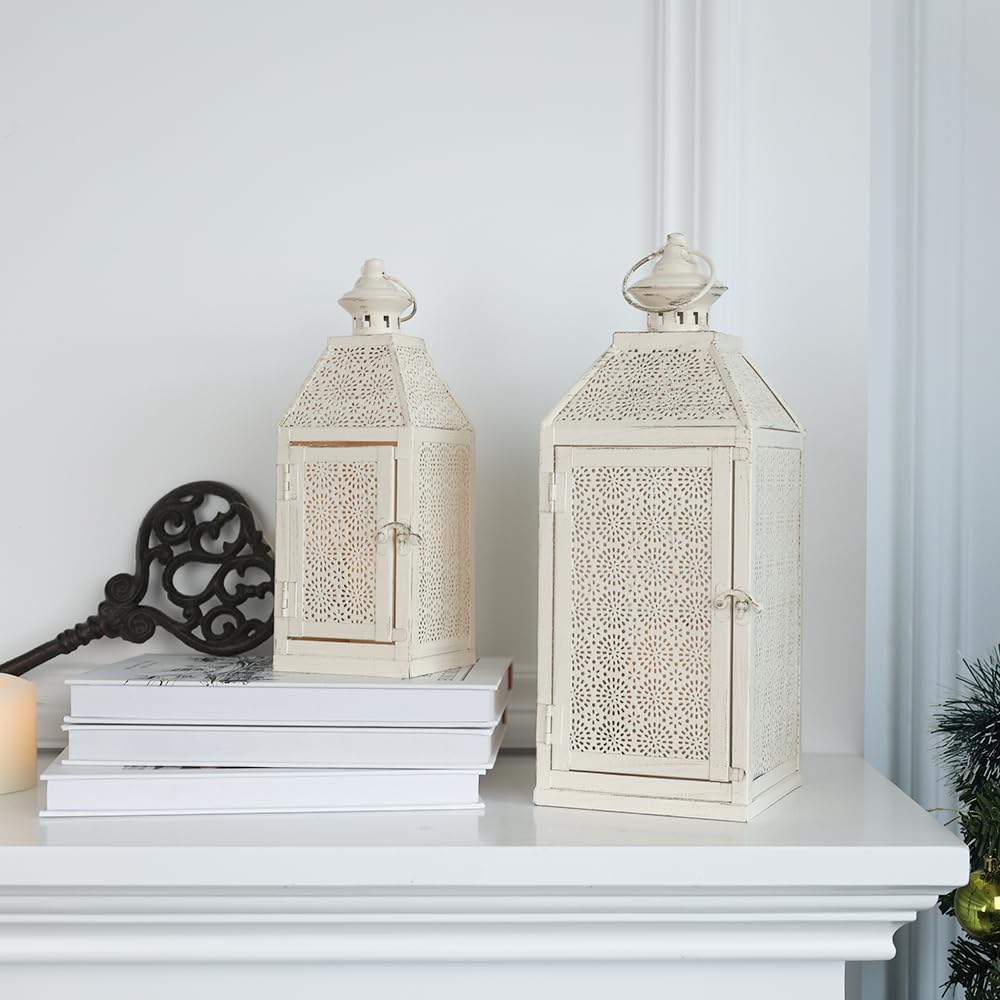 NEEDOMO 2Pack Outdoor Lantern, 16" Large White Candle Lanterns Decorative Indoor, Metal Frame with Glass, Vintage Farmhouse Lantern Decor for Front Porch, Garden, Patio, Pathway, Balcony,Yard
