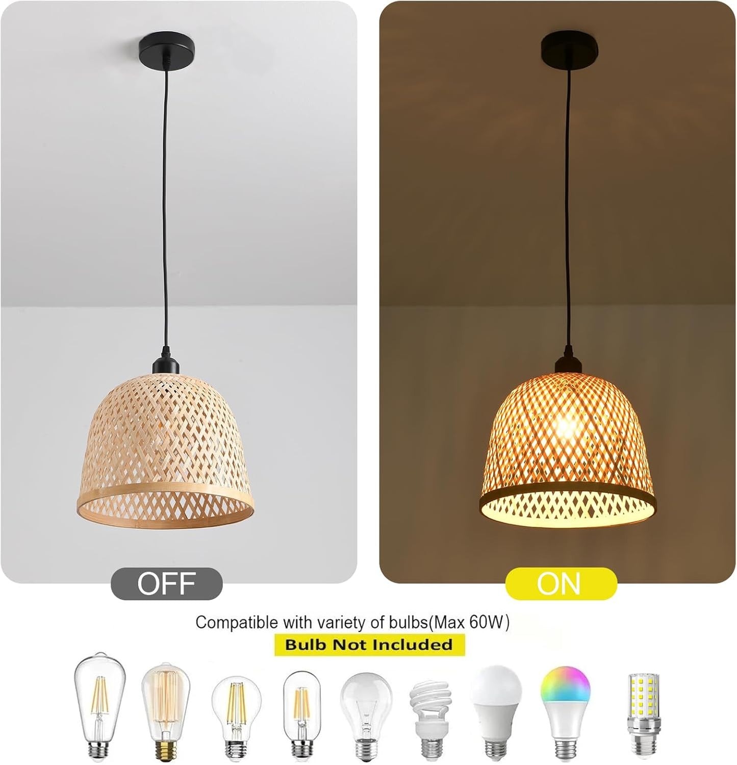 Bamboo Pendant Light 11.02" Hand Woven Bamboo Chandelier,3-Pack Rattan Ceiling Hanging Light,for Living Room Kitchen Dining Room Farmhouse