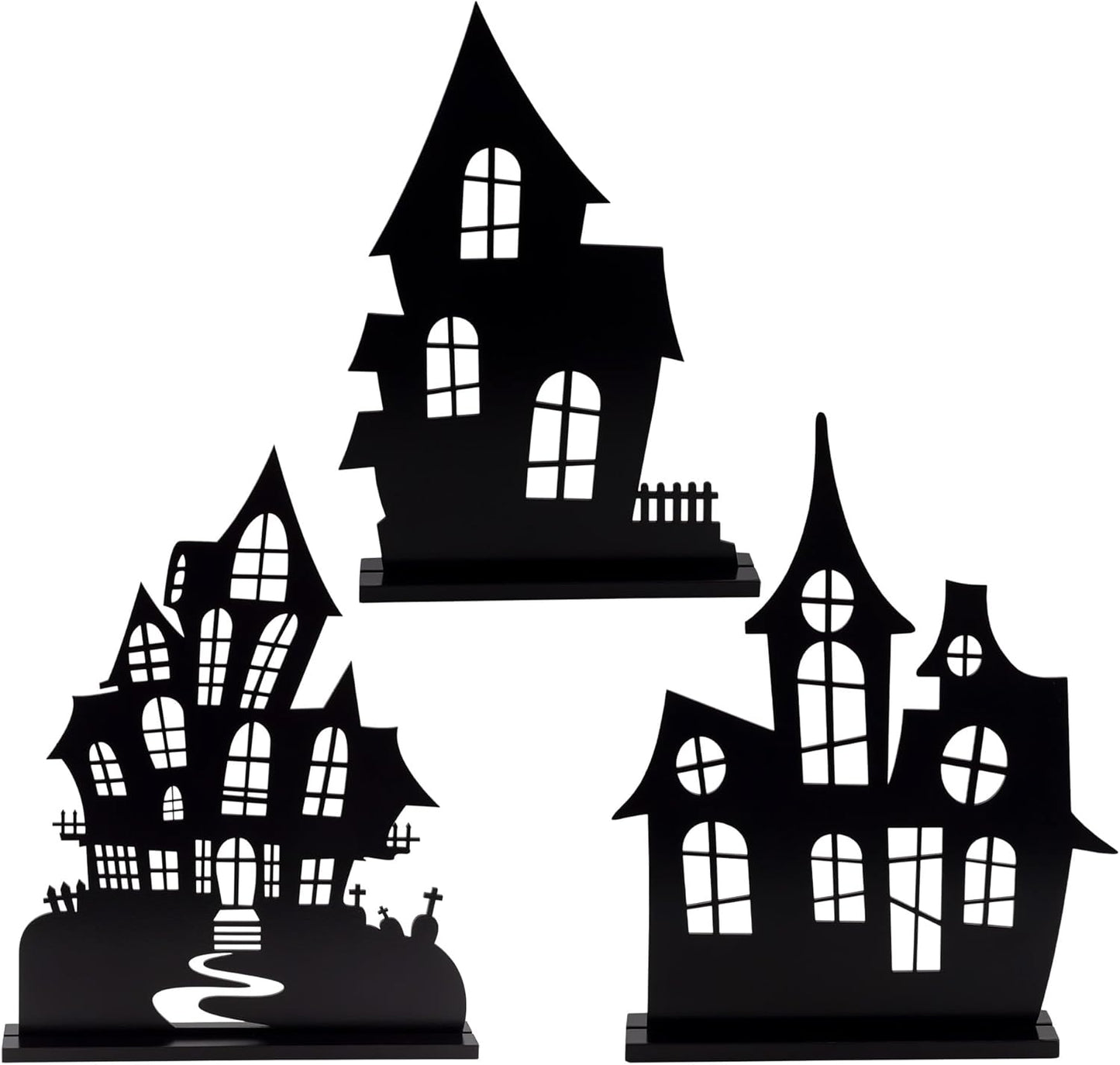AuldHome Design Spooky Halloween House Village Silhouettes (Set of 3); Scary Haunted House Wood Statue Figurines Centerpiece Set