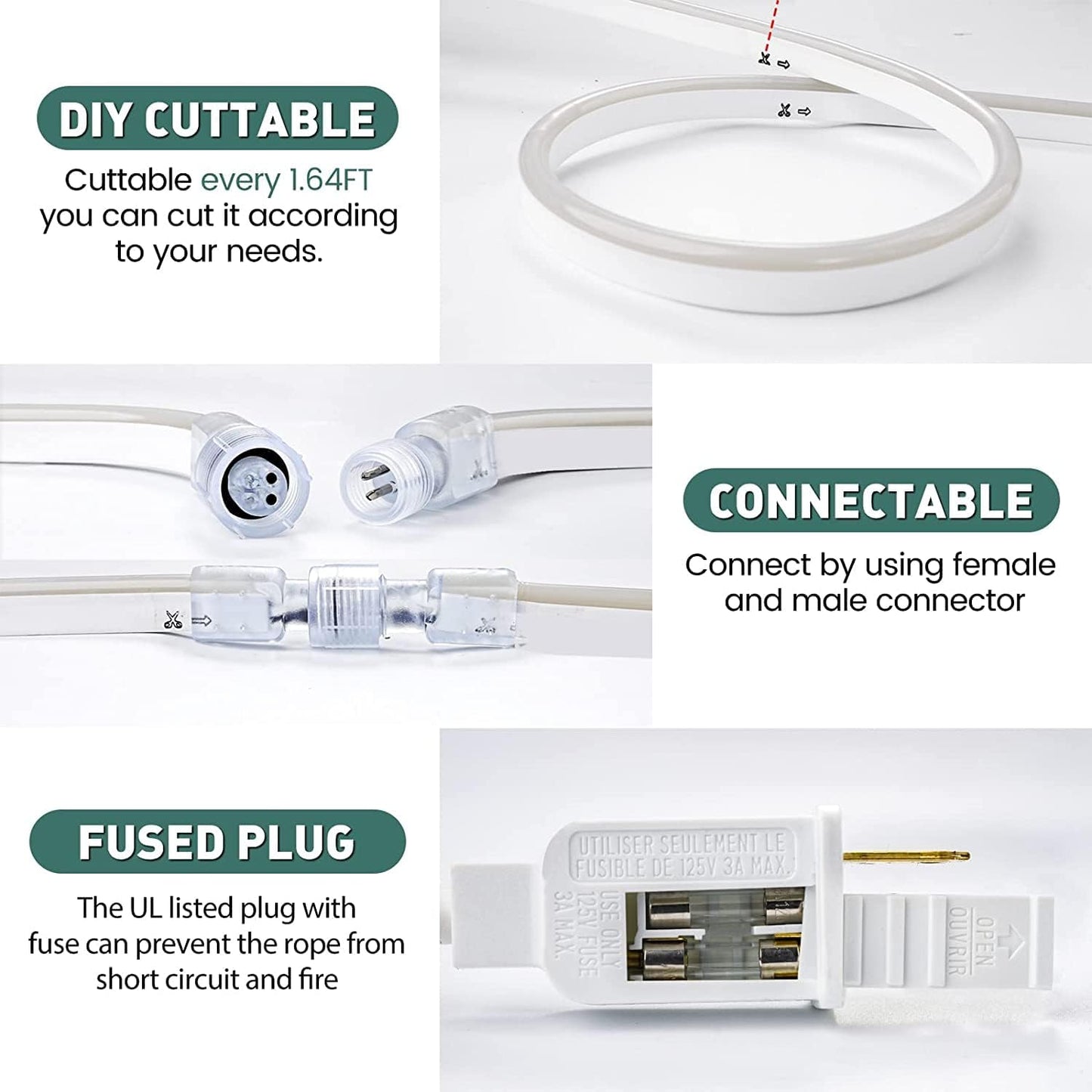 GZBtech Flexible LED Neon Rope Lights 66FT,AC 110-120V Waterproof Strip Light, 120 LEDs/M Cuttable Connectable Neon Lighting for Indoor Outdoor Home Decor/Commercial Building Use-Green 20M