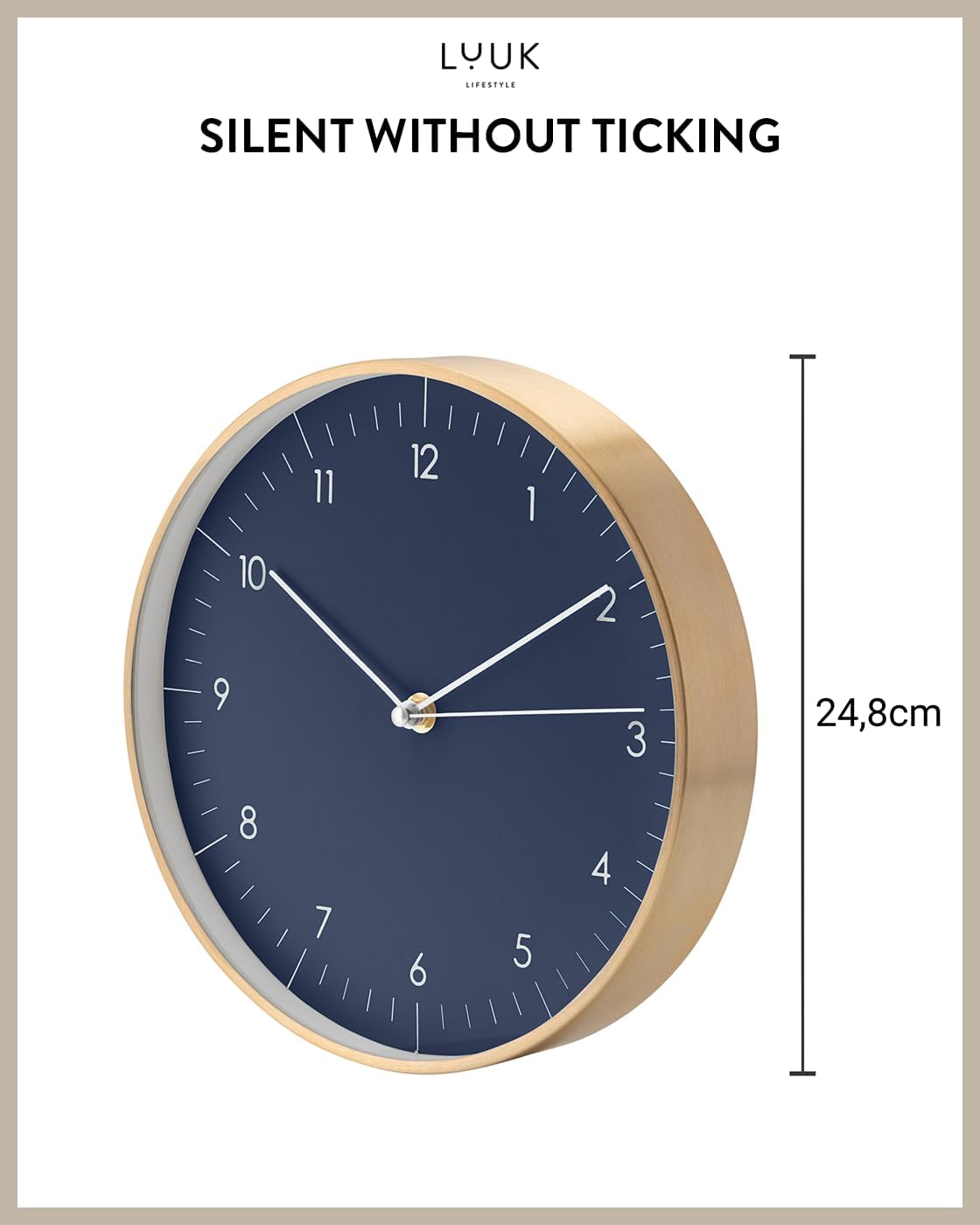 LUUK LIFESTYLE Modern Quartz Wall Clock with Silent Movement, Scandinavian Design, Kitchen and Living Room Clock, Gift idea, Trendy Home Decor, 10 inch, in Dark Blue and Gold