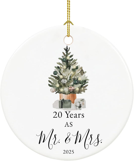 20th Anniversary Ornament Gifts for Couple, 20th Wedding Anniversary for 20 Year as Mr and Mrs Gifts, Ceramic Keepsake 20 Year Anniversary Christmas Ornaments with Ribbon and Box