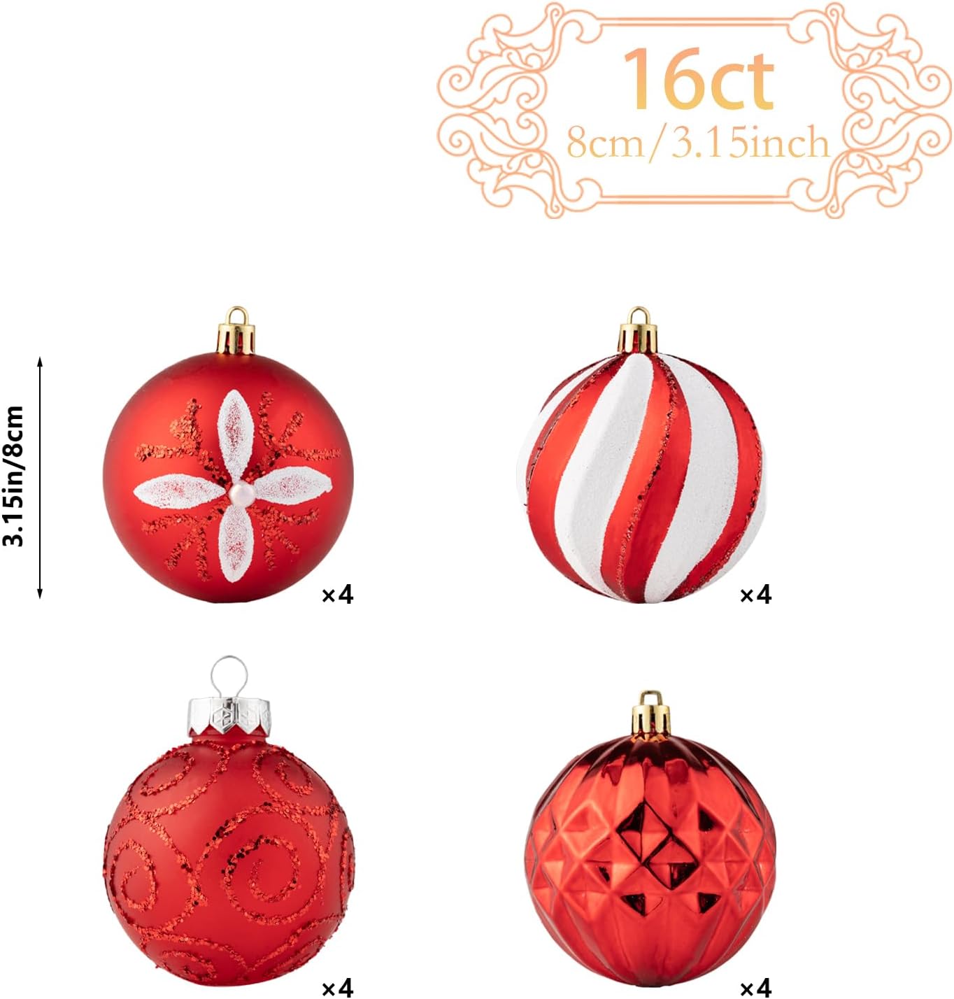 16Pcs Christmas Ball Ornaments Set, 3.15" Shatterproof Christmas Ornaments, Luxury Glitter Hanging Ornaments for Xmas Tree, Xmas Holiday, Party, Wedding (Red)