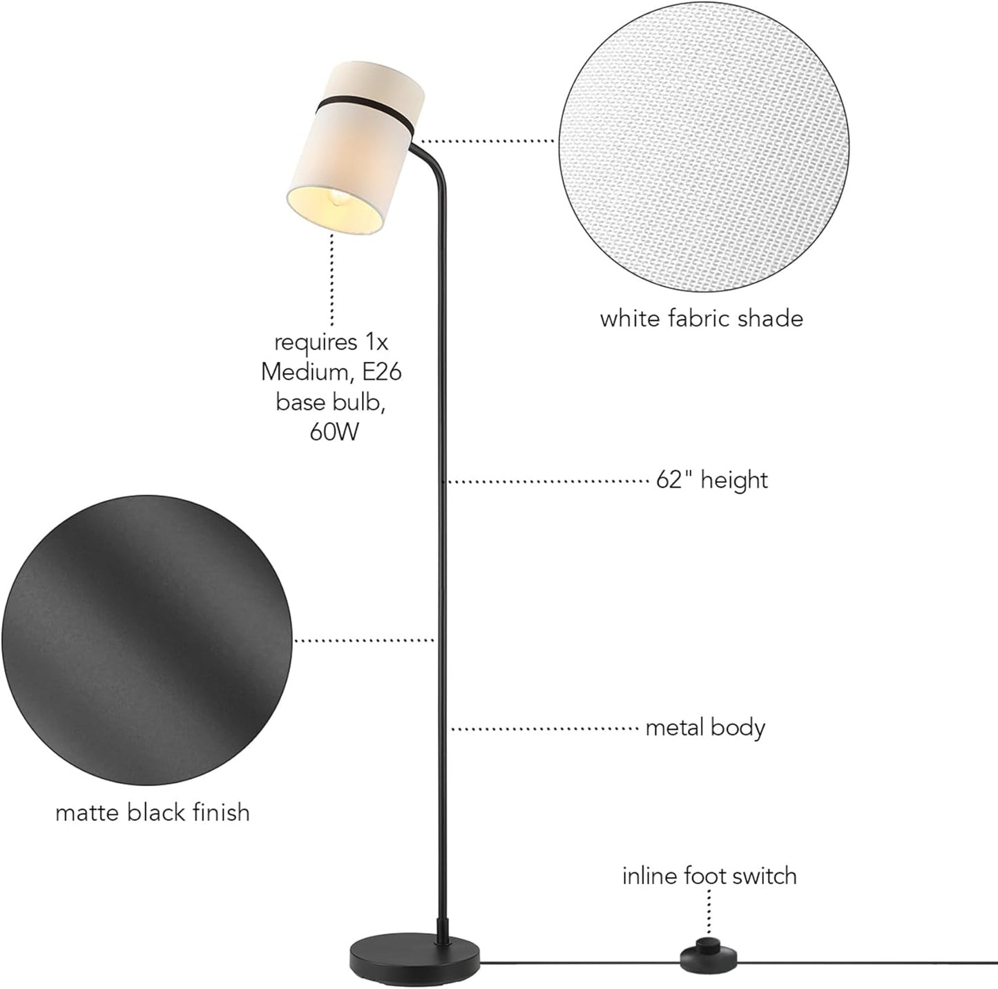 GLOBE Electric 61000145 62" Floor Lamp, Matte Black, White Fabric Shade, in-Line of/Off Foot Switch, 6-Foot Black Cord, Reading Light, Bedroom, Living Room, Home Decor