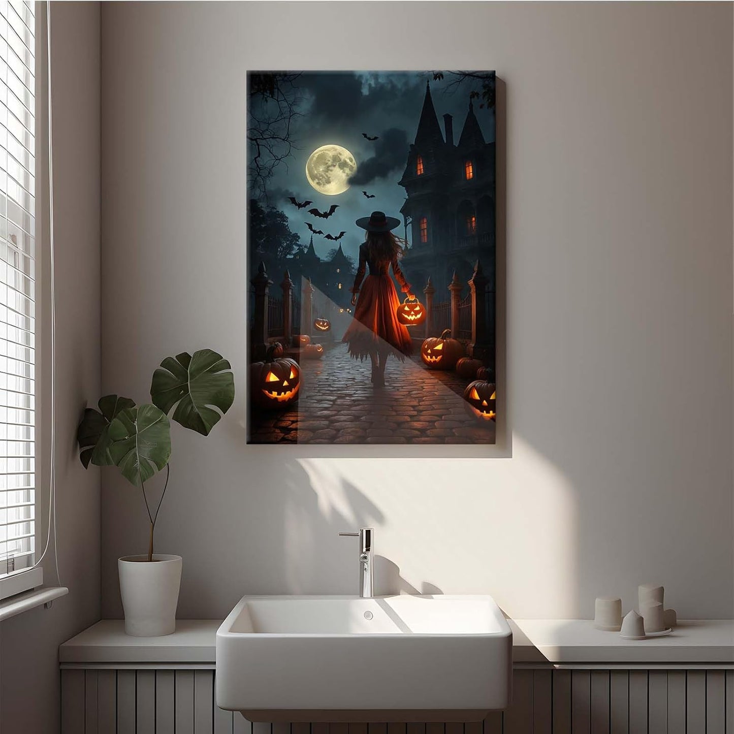 Halloween theme poster moonlit autumn night witch vintage poster art print dark college style gothic painting canvas wall decoration bedroom living room ideal gift24x36in Wood Framed