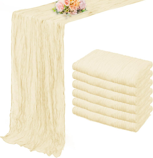 10FT 6 Pack Beige Cheesecloth Table Runner 20 x 120 Inch Long Rustic Gauze Fabric Cheese Cloth Table Runner for Wedding Bridal Baby Shower Table Decorations Boho Sheer Birthday Party Table Decor