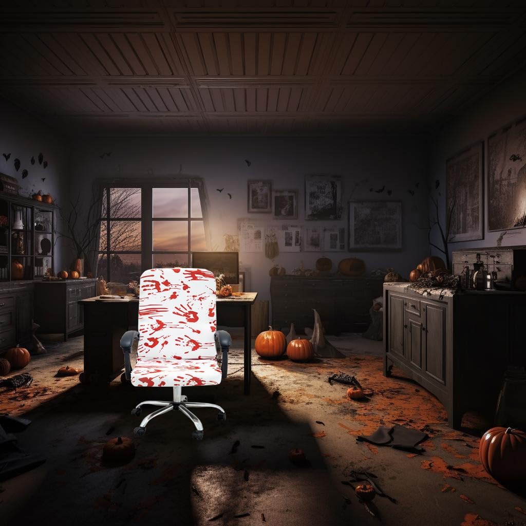 Halloween Office Chair CoversHorror Bloody Handprints Footprints on White Horror Theme Print Stretchable Slipcover for Modern Simplism Style High Back Boss Chair(No Chair) (Halloween03, L)…