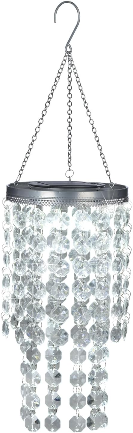 Hanging Solar Lantern Outdoor, 2 Tiers 21” Solar Transparent Acrylic Beaded Chandelier with Cool White LED S Hooks for Garden Yard Patio Gazebo Outside Decor