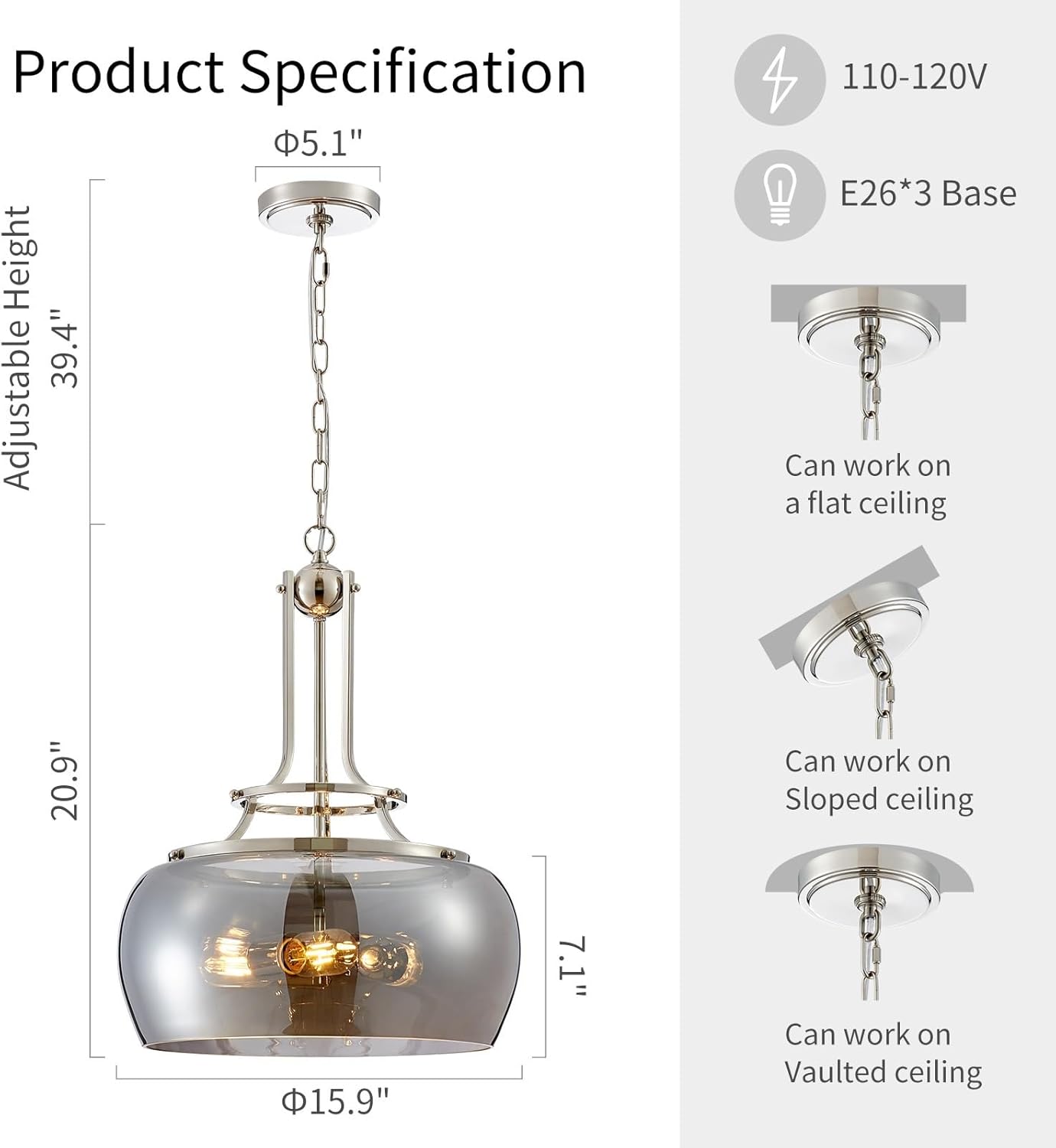 WUZUPS Nickel Chandelier Rustic Farmhouse Industrial Round Ceiling Pendant LED Light Fixture Electroplated Gray Glass Shade for Dining Room Kitchen Island Foyer Entryway, H 20.9" W 15.9", E26 Base