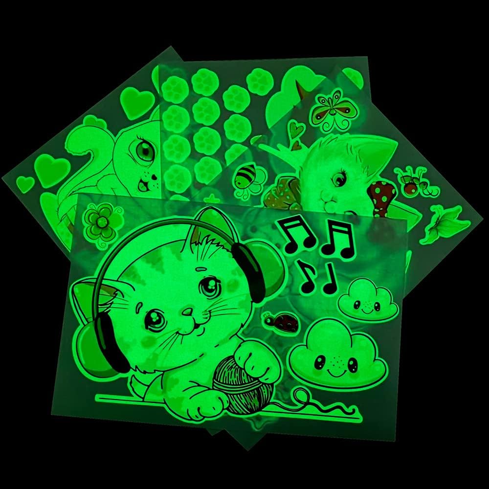 Glow in The Dark Stars for Room,Cats Glowing Wall/Ceiling Decals, Kitten Butterflies Stickers for Kids Bedroom, Clouds Bees Luminous Wall Decor for Boy and Girl Living Room