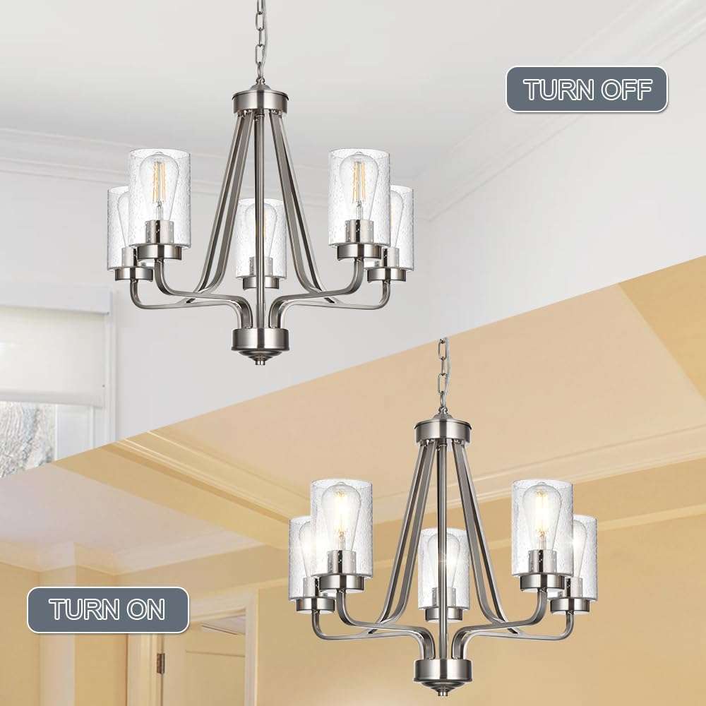 5-Lights Modern Pendant Light Fixtures, Wagon Wheel Dining Room Chandelier in Brushed Nickel, Hanging Ceiling Home Lighting for Foyer Kitchen Bedroom