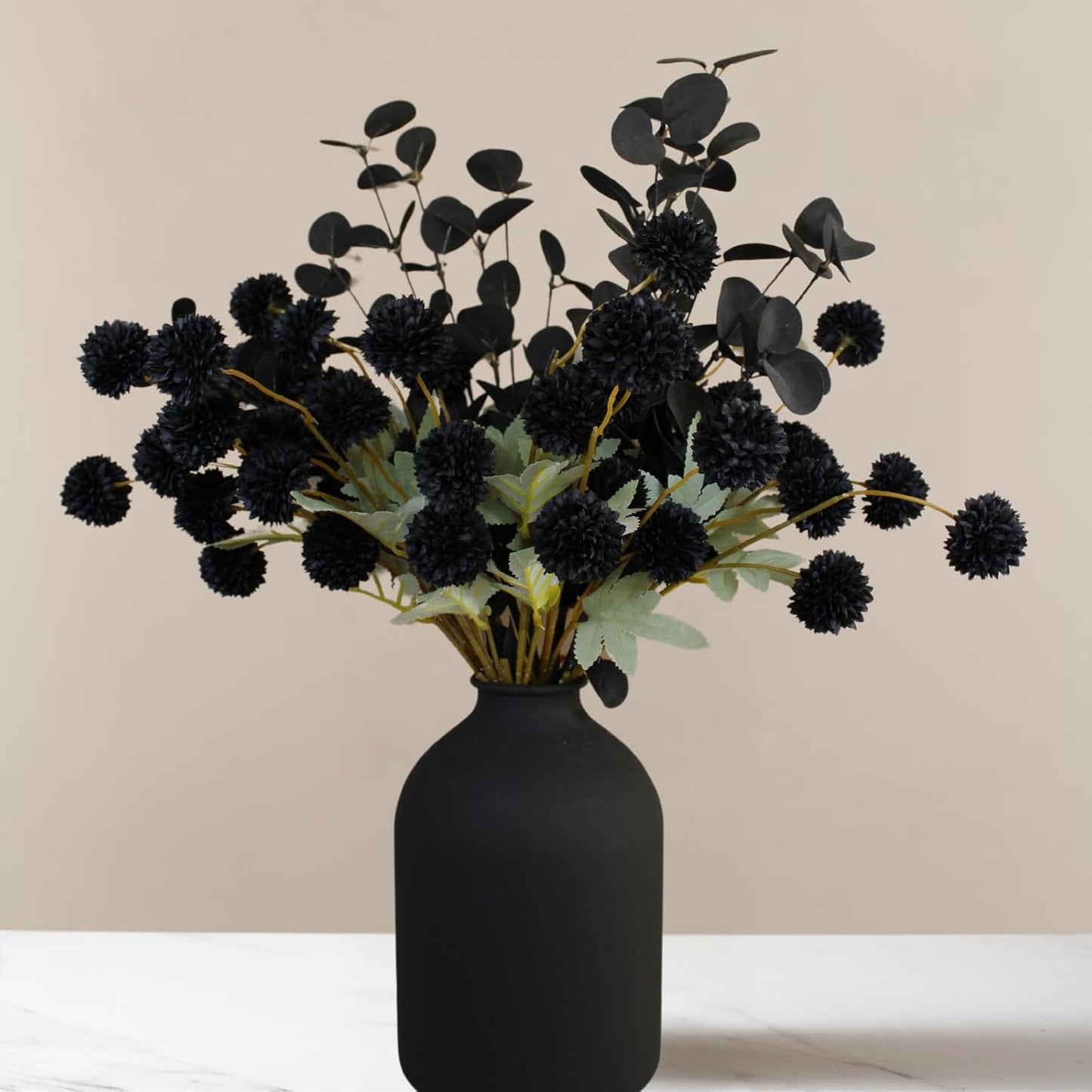 RyddeligHome Black Artificial Flowers for Centerpieces Bulk 10 Long Stems /50 Small Faux Silk Mum Balls + Black Eucalyptus Stems 2 Branches, Fall Boho Halloween Home Decor Indoor, Gothic Flowers