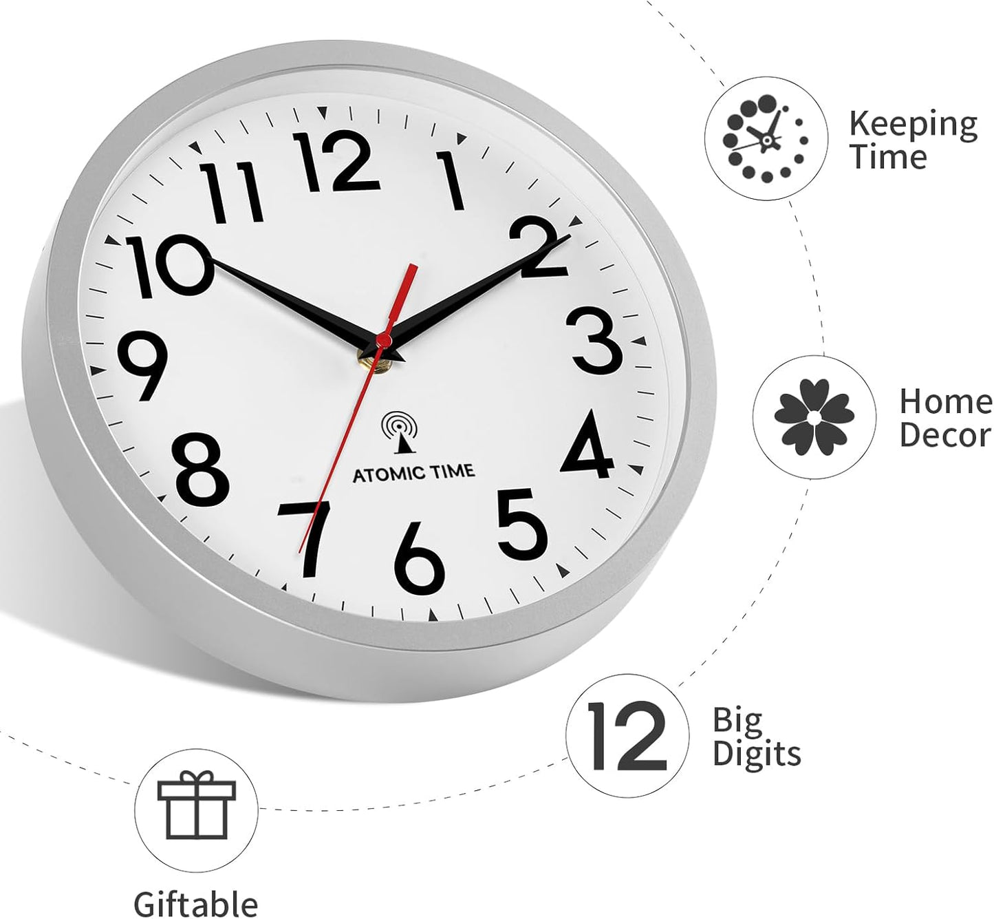 Atomic Wall Clock Analog 14 Inch Battery Operated Modern Decorative for Living Room Kitchen Office Bedroom Bathroom(Silver)