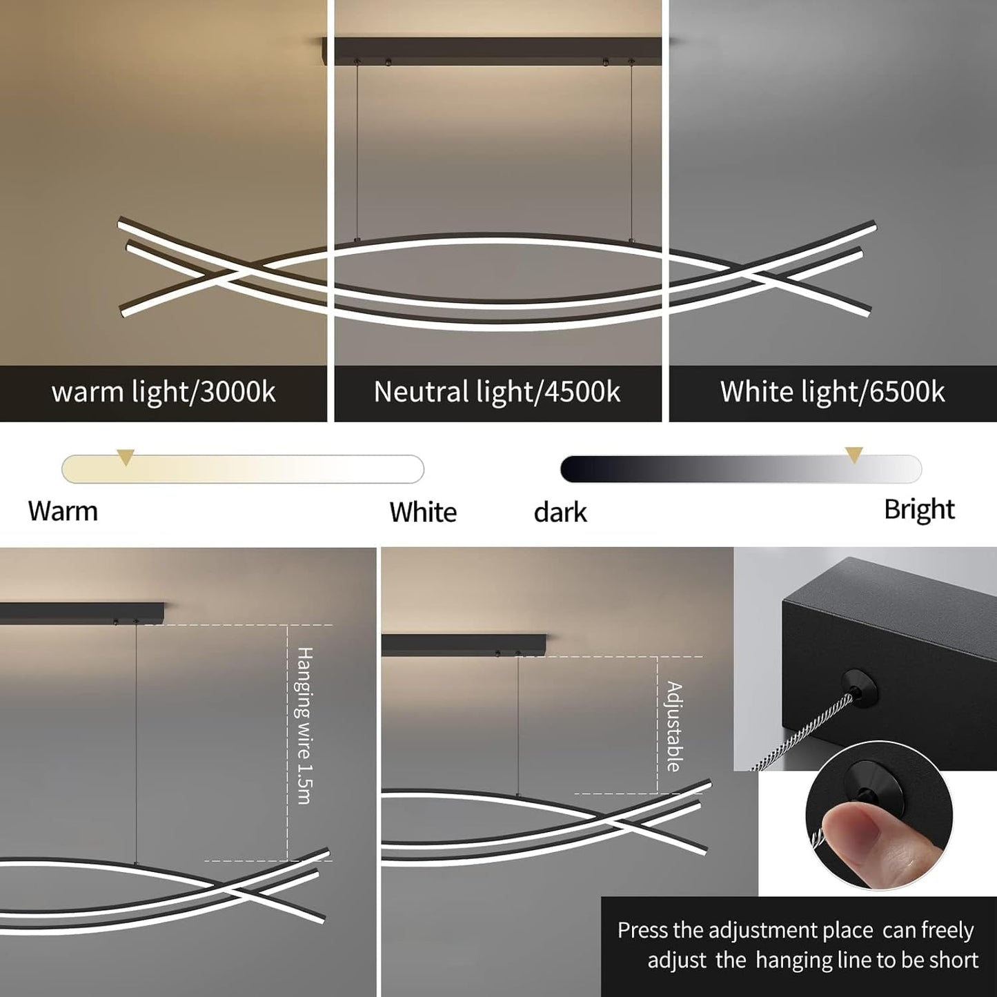 Modern Chandelier, Linear Pendant Light LED Dimmable Hanging Light Fixture, 3000K-6500K with Remote Control (Black, 47IN)