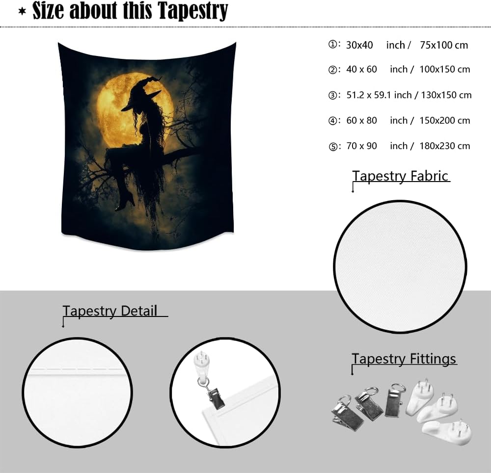 Halloween Witch Tapestry Wall Art Witchcore Moon Aesthetic Print Dark Academia Gothic Tapestries Wall Hanging Horror Ghost Halloween Party Decor for Home Living Room Bedroom 70x90inch