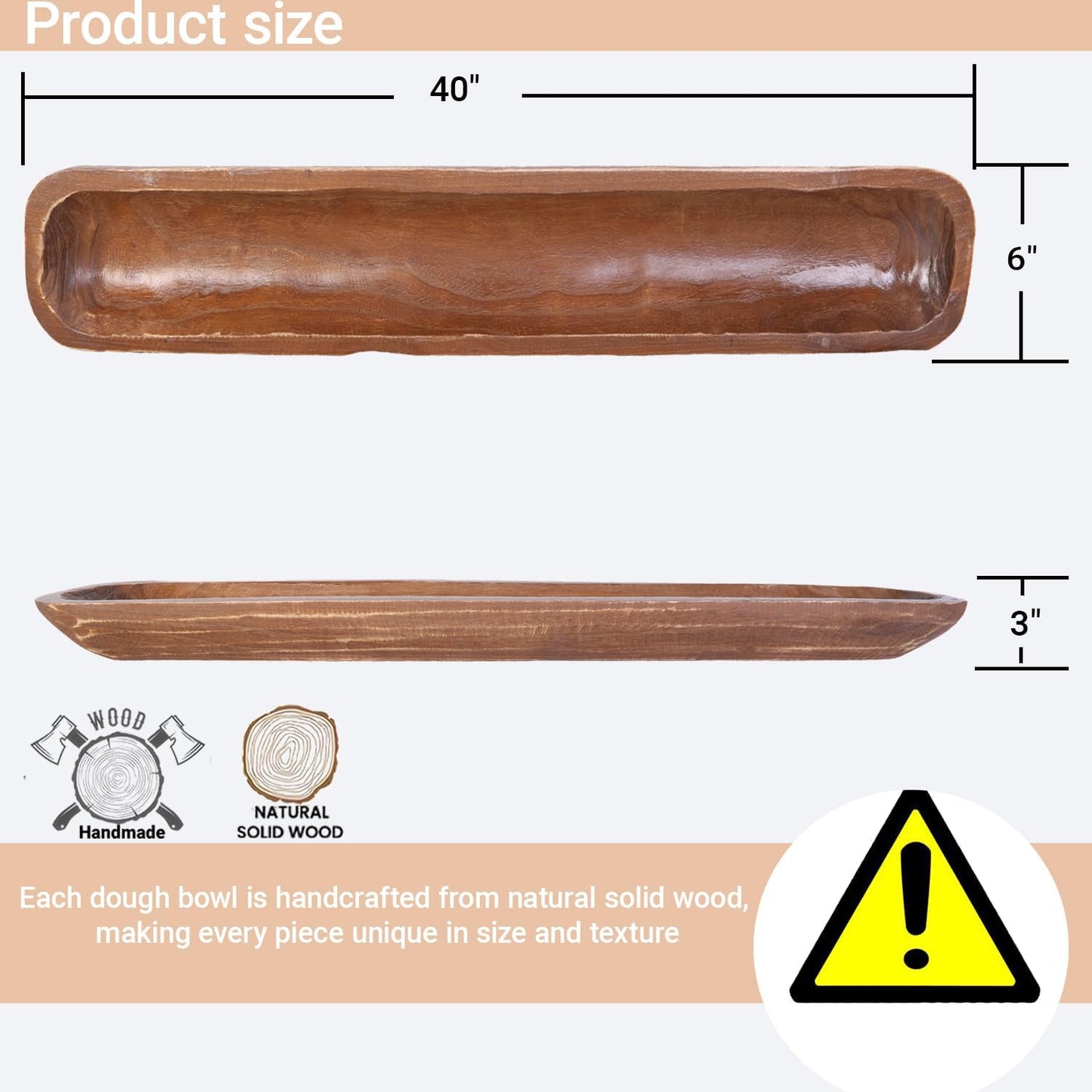 Athaliah Wooden Dough Bowl, Hand Carved Rustic Long Wood Dough Bowls for Decor, Vintage Large Wooden Bread Bowl for Table Centerpiece Dining Room Home Kitchen Decor Candles (40 Inch-Brown)