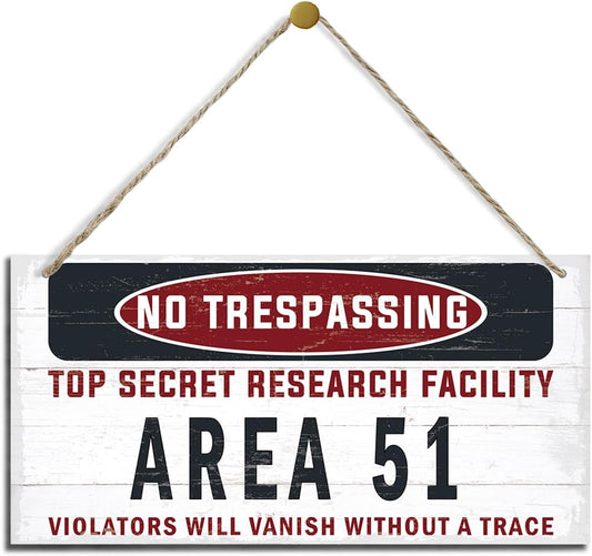 Warning Sign, Area 51 No Trespassing Warning Wood Plaque Sign, Funny Door Signs, Decorative Wood Hanging Suspension Plaque, Farmhouse Wooden Wall Decor