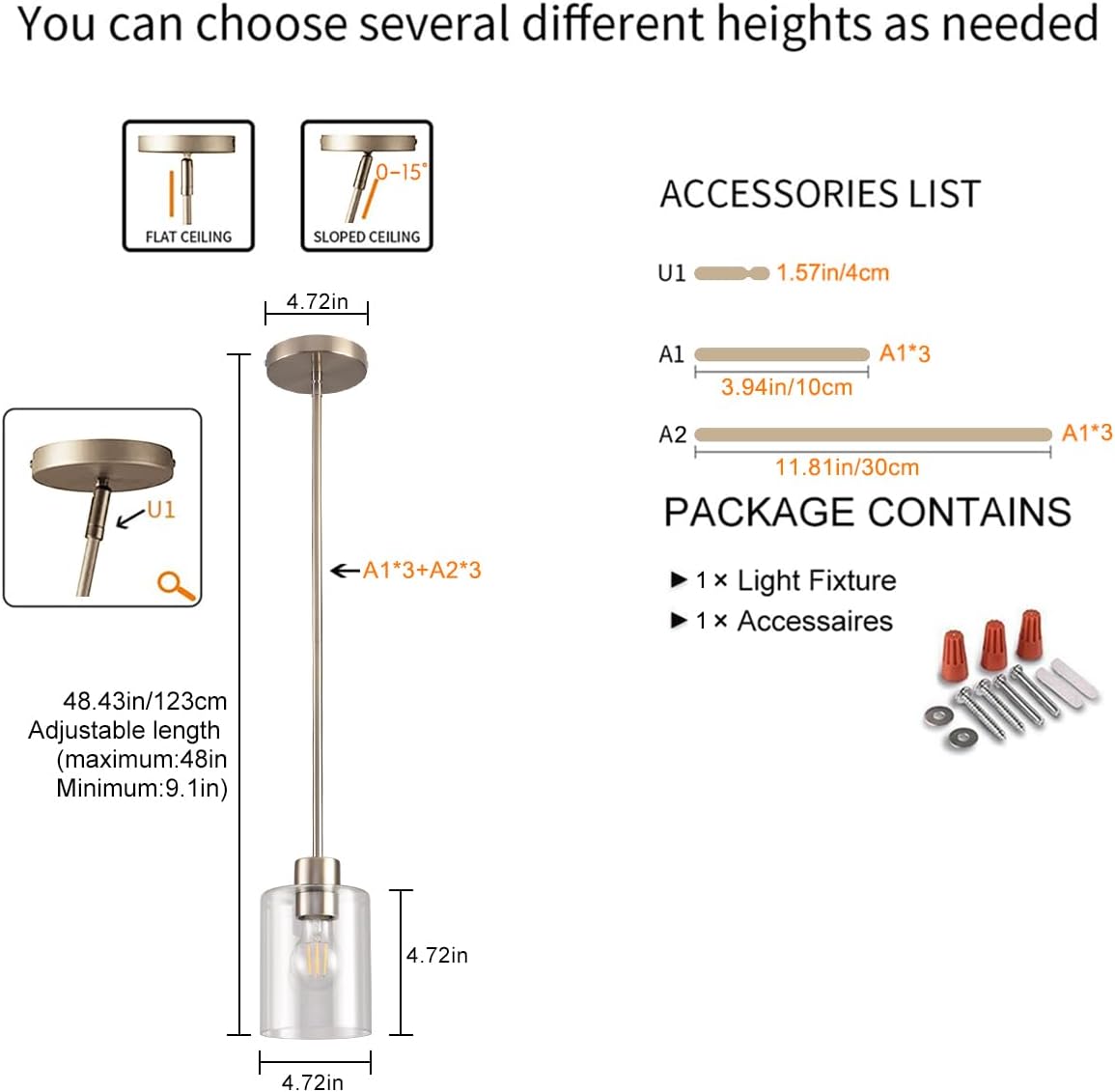 Brushed Nickel Pendant Lights,Modern Farmhouse Pendant Light,Light Fixture Kitchen Pendant Mini Hanging Light for Sink Island,Adjustable Height,Home Décor Lighting(Brushed Nickel 1 pack Stem Rod)