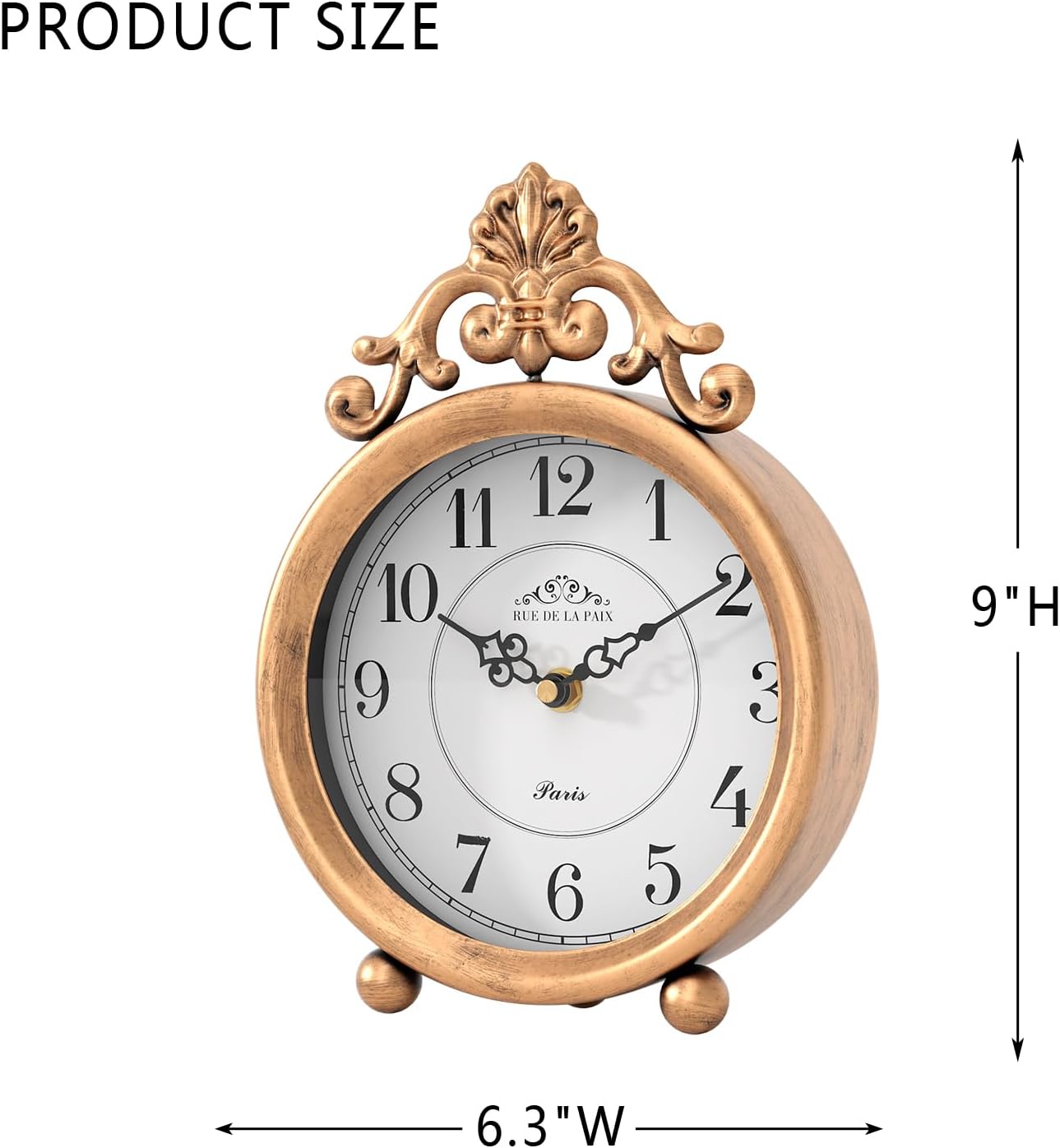 Vintage Gold Table Clock, Desk and Shelf Mantel Clock, French Rustic Antique Style Decor Clocks, for Farmhouse, Bedroom, Living Room, Bedside, Gift (9" H x 6.3" W)