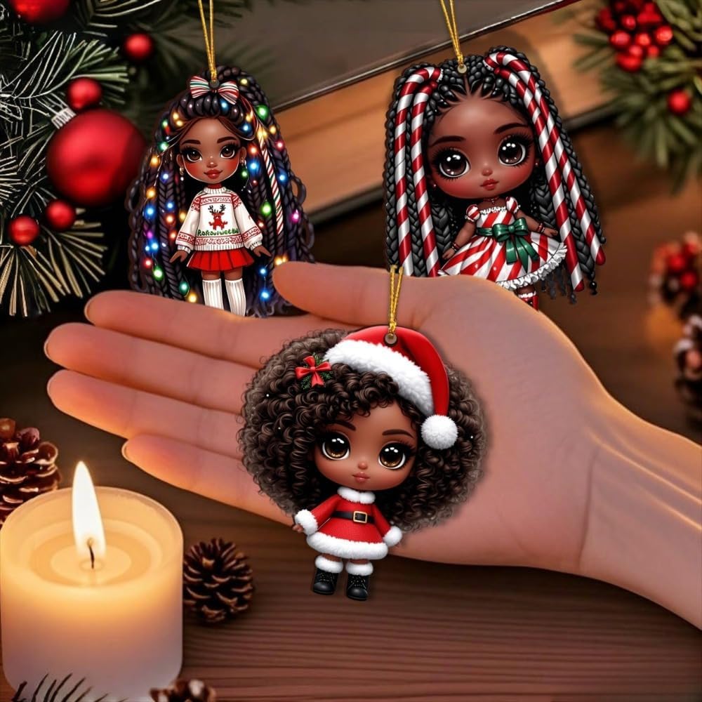 16pcs African American Black Chibi Girl Ornaments - Xmas/Christmas Wooden Decor, Gift Boxed for New Year/Carnival | Home/Window/Tree/Office/Classroom/Wine Bottle Party Deco, Black Heritage Pendants