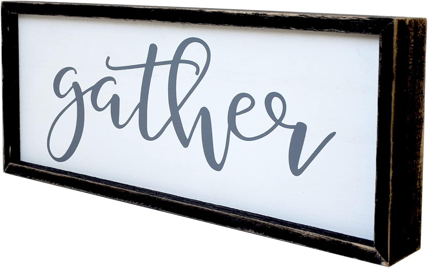 Gather Sign for Home Decor in Grey - Farmhouse Kitchen Dining Room Wall Decor - Rustic Wall Decoration Solid Wood Thick Black Frame 12x5 Inches