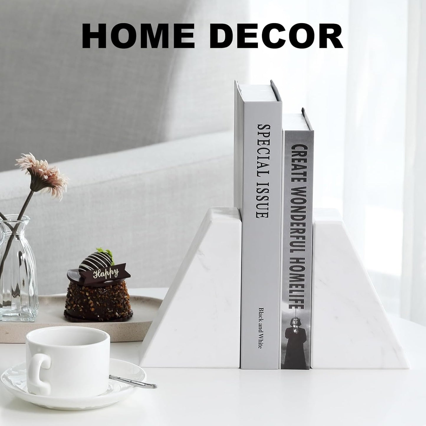 Marble Bookends for Heavy Books, Decorative Book Ends for Shelves, White Stone Durable and Heavy-Duty Book Ends for Hardback Books & CDS, Unique Book Stopper & Holder, Set of 2