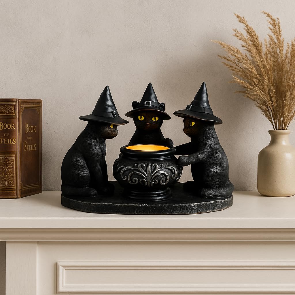 Halloween Black Cat Candle Holder, Cute Halloween Table Decor & Mantel Decoration (Black)