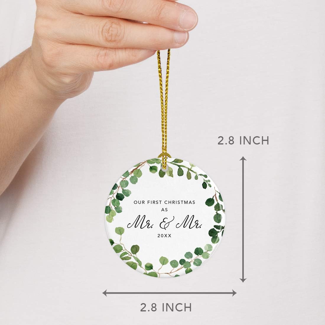 Andaz Press Custom Year Round Ceramic Porcelain Christmas Tree Ornament Keepsake Collectible Gift, Our First Christmas as Mr. & Mr. 2025, Farmhouse Eucalyptus Wreath, 1-PackGay Couple