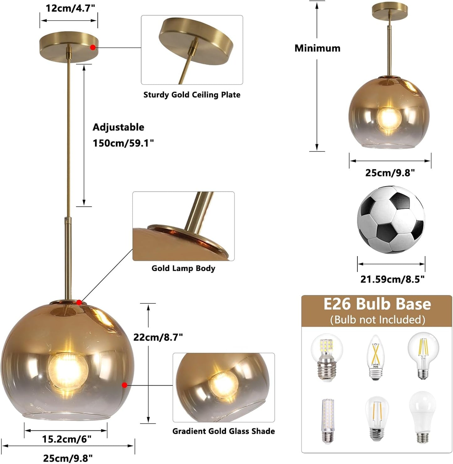 KCO Lighting 1-Light Modern Glass Pendant Lights Large Gold Globe Pendant Light Mid Century Single Pendant Light Kitchen Island Dining Room Lighting Fixtures Ceiling Hanging