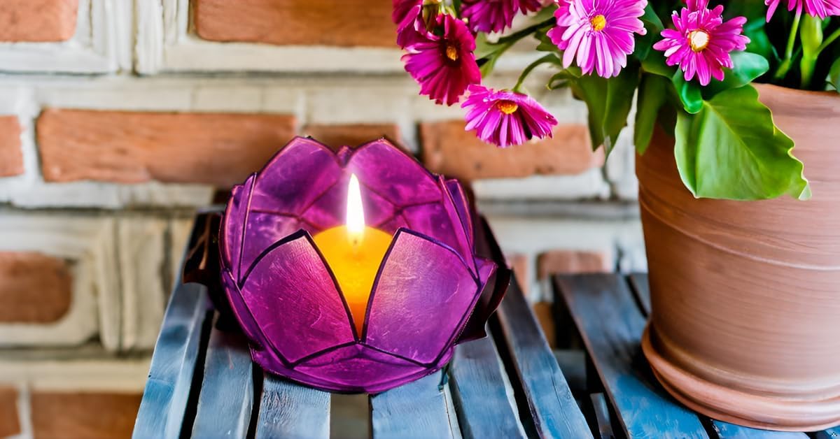 Blooming Lotus Capiz Shell Tealight Candle Holder, Handcrafted Decorative Tea Light Candleholder with Translucent Flower Petals for Ambient Illumination and Natural Elegance, Purple