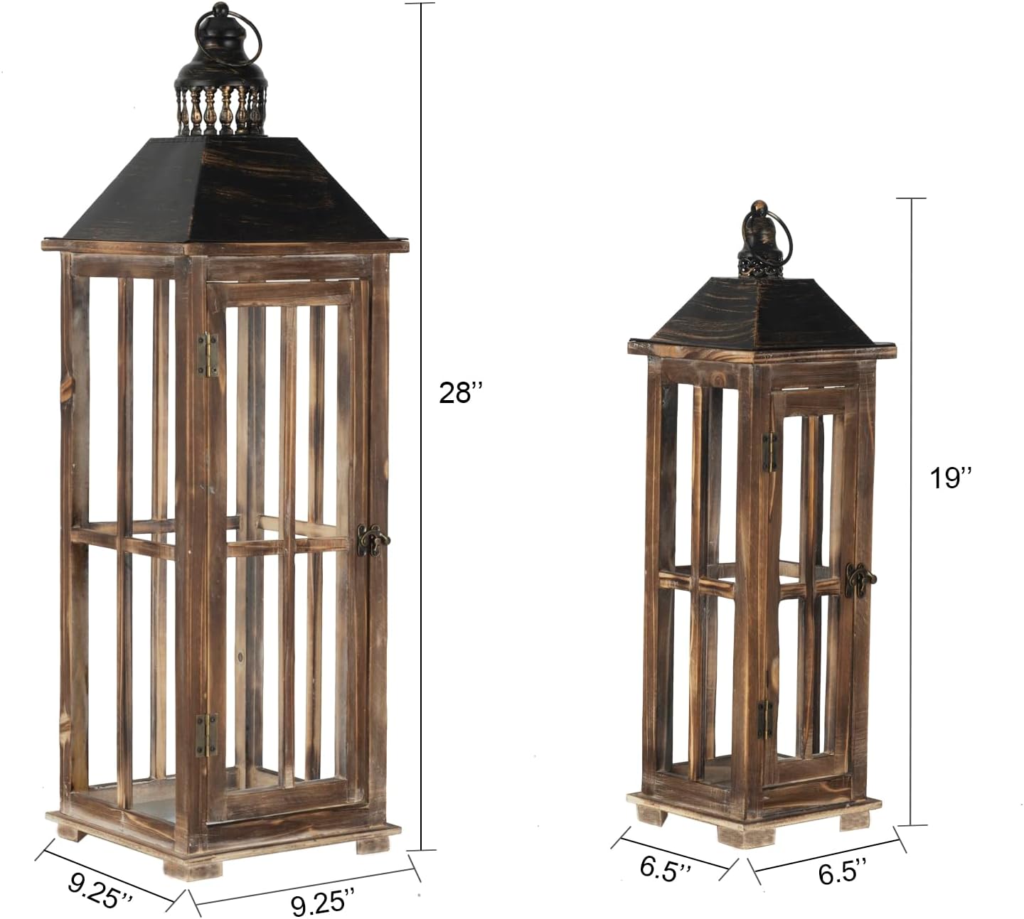 Large Farmhouse Wooden Decorative Lantern Set of 2, Rustic Distressed Brown Burnt Wood Floor Candle Lanterns, Indoor/Outdoor Hanging Lanterns for Home Decor (No Glass)