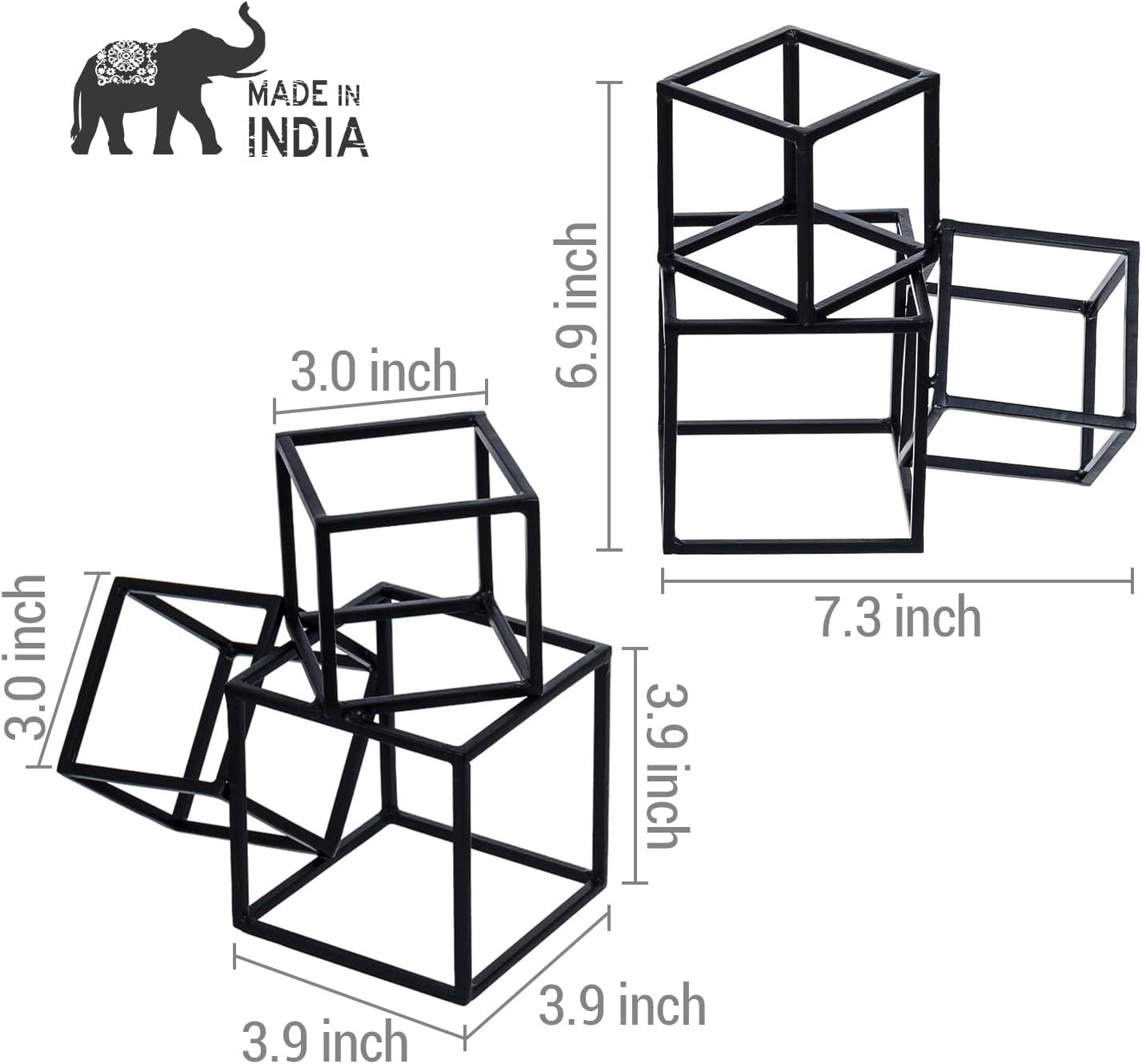 MyGift Modern Matte Black Metal Geometric Bookends in 3 Cube Frame Design, Decorative Book Stands for Home Library Bookshelf Office Desk, 1 Pair, Handcrafted in India