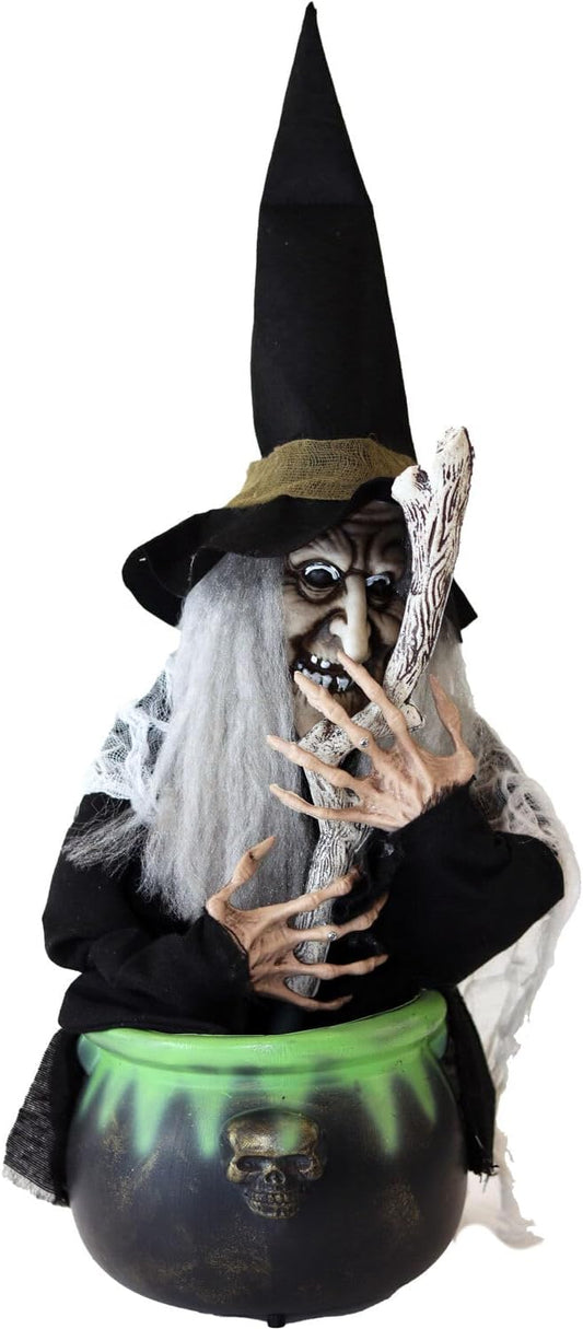 Haunted Hill Farm Scary Talking Witch with Cauldron Halloween Animatronic, Indoor or Covered Outdoor Halloween Decorations with Light up Eyes and Sound, Battery Operated Halloween Props for Home