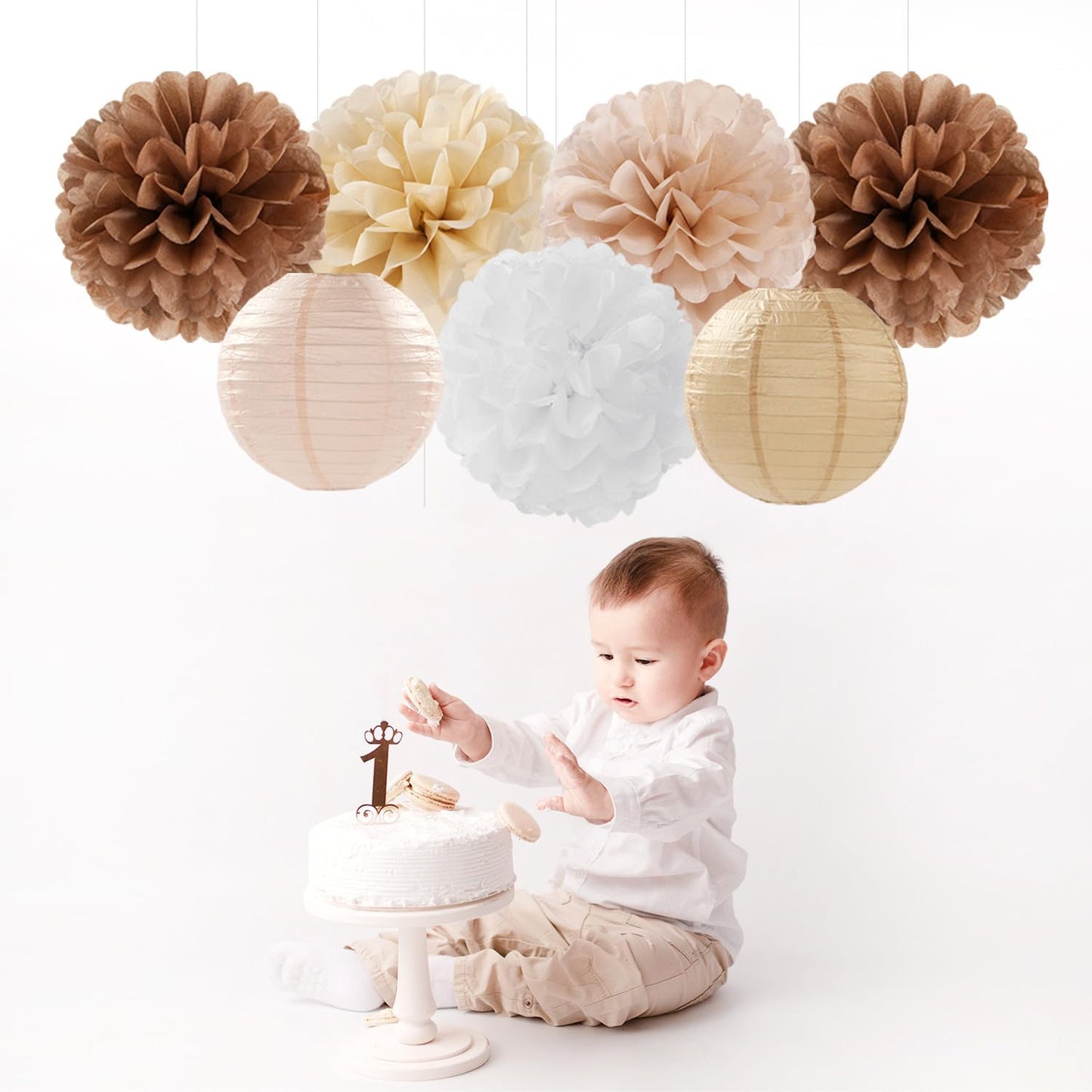Boho Rustic Wedding Party-Decorations Paper Flowers Lanterns - 15PCS Fall Baby Shower Gender Neutral Streamers,Brown Champagne White Tissue Pom Poms,Autumn Birthday Bridal Decor Hugfond