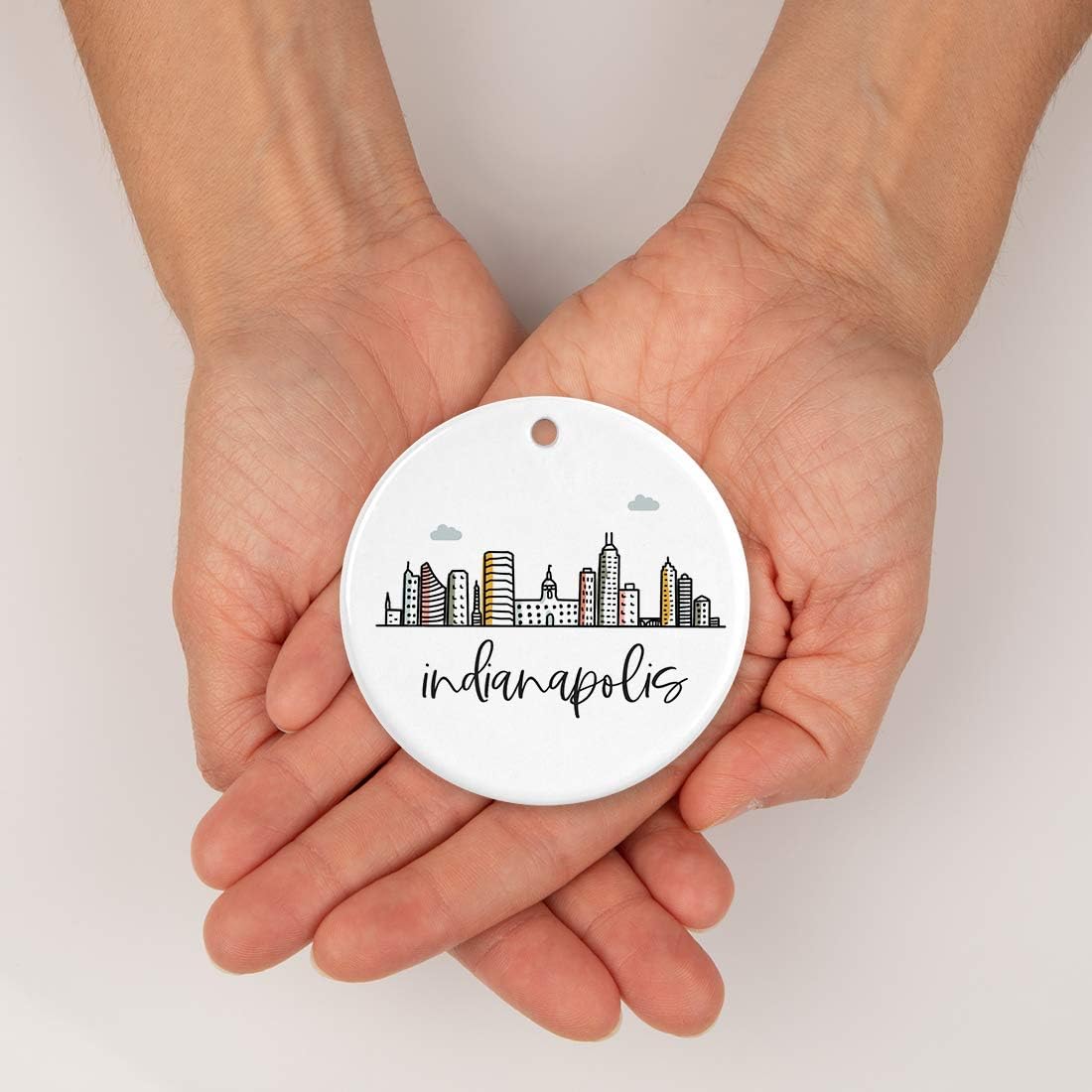 Andaz Press Round Ceramic Porcelain Christmas Tree Ornament Keepsake Gift, Indianapolis, Colorful City Skyline Graphic, 1-Pack, Birthday Ideas Family Coworker Him Her, Includes Gift Box
